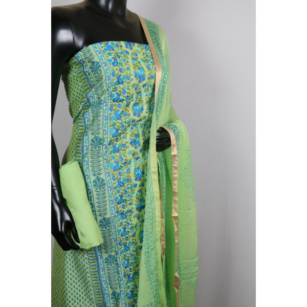 Chanderi Unstitched Salwar Suit Material With Elegant Embroidery Centre Panel (Pastel Green Combo) BQ AA417